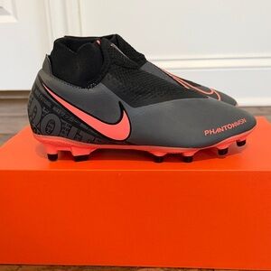 Nike Phantom VSN Academy DF FG/MG Soccer Clear in Dark Grey/Bright Mango-Black